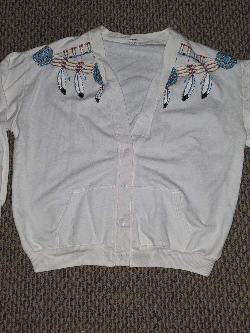 Vintage White Button-Up Cardigan with Turquoise Feather Embroidery